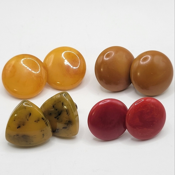 Vintage Jewelry - 4 VTG Bakelite Earrings | Butterscotch, Cherry, Cocoa, Creamed Spinach | TESTED